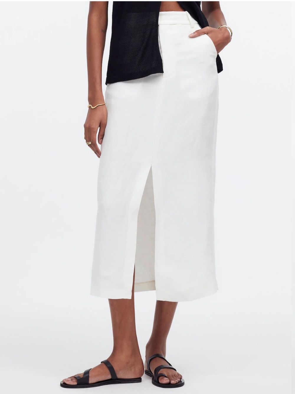 Madewell White Linen Column Midi Front Slit Skirt Size 10